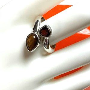 Solid Vintage Tiger Eye and Garnet Semi-Precious Gemstone Ring- SZ 9 1/4